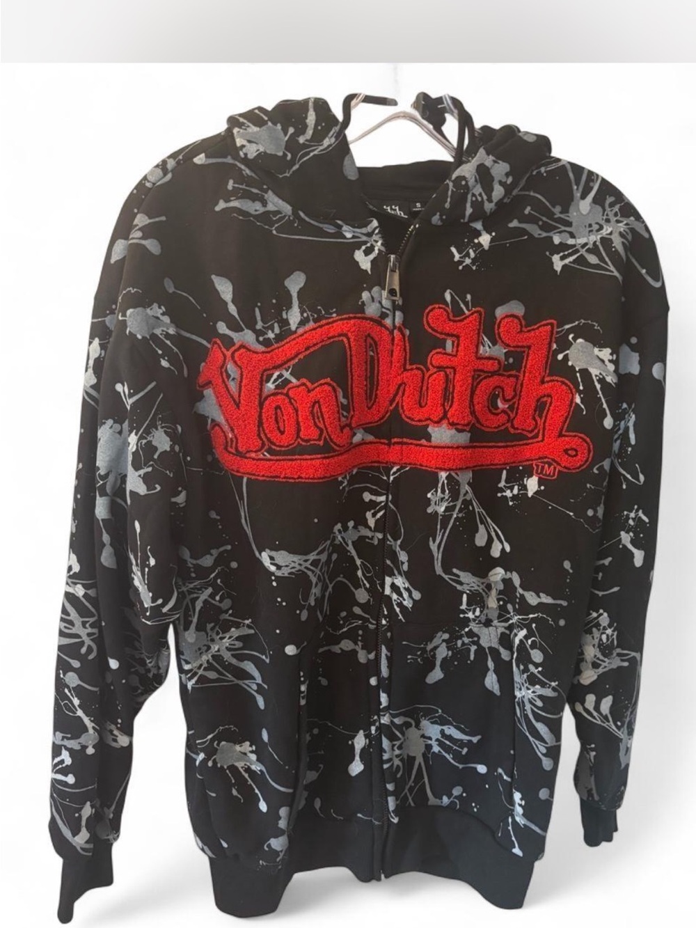 Von Dutch Black Abstract Splatter Red Patch Logo Full Zip-Up Hoodie Retro Skater - Picture 2 of 4